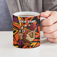 Custom Turkey Bowling Ceramic Mug with Cartoon Turkey Striker and Orange Geometric Pattern - Wonder Print Shop