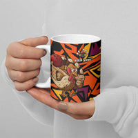Custom Turkey Bowling Ceramic Mug with Cartoon Turkey Striker and Orange Geometric Pattern - Wonder Print Shop