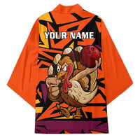 Custom Turkey Bowling Kimono with Cartoon Turkey Striker and Orange Geometric Pattern - Wonder Print Shop