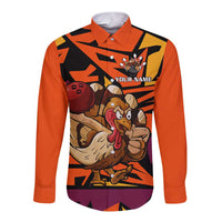 Custom Turkey Bowling Long Sleeve Button Shirt with Cartoon Turkey Striker and Orange Geometric Pattern - Wonder Print Shop