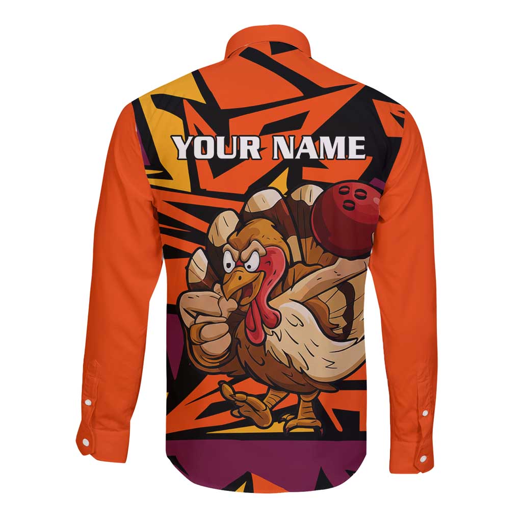 Custom Turkey Bowling Long Sleeve Button Shirt with Cartoon Turkey Striker and Orange Geometric Pattern - Wonder Print Shop