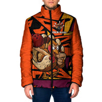 Custom Turkey Bowling Padded Jacket with Cartoon Turkey Striker and Orange Geometric Pattern - Wonder Print Shop