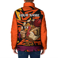 Custom Turkey Bowling Padded Jacket with Cartoon Turkey Striker and Orange Geometric Pattern - Wonder Print Shop