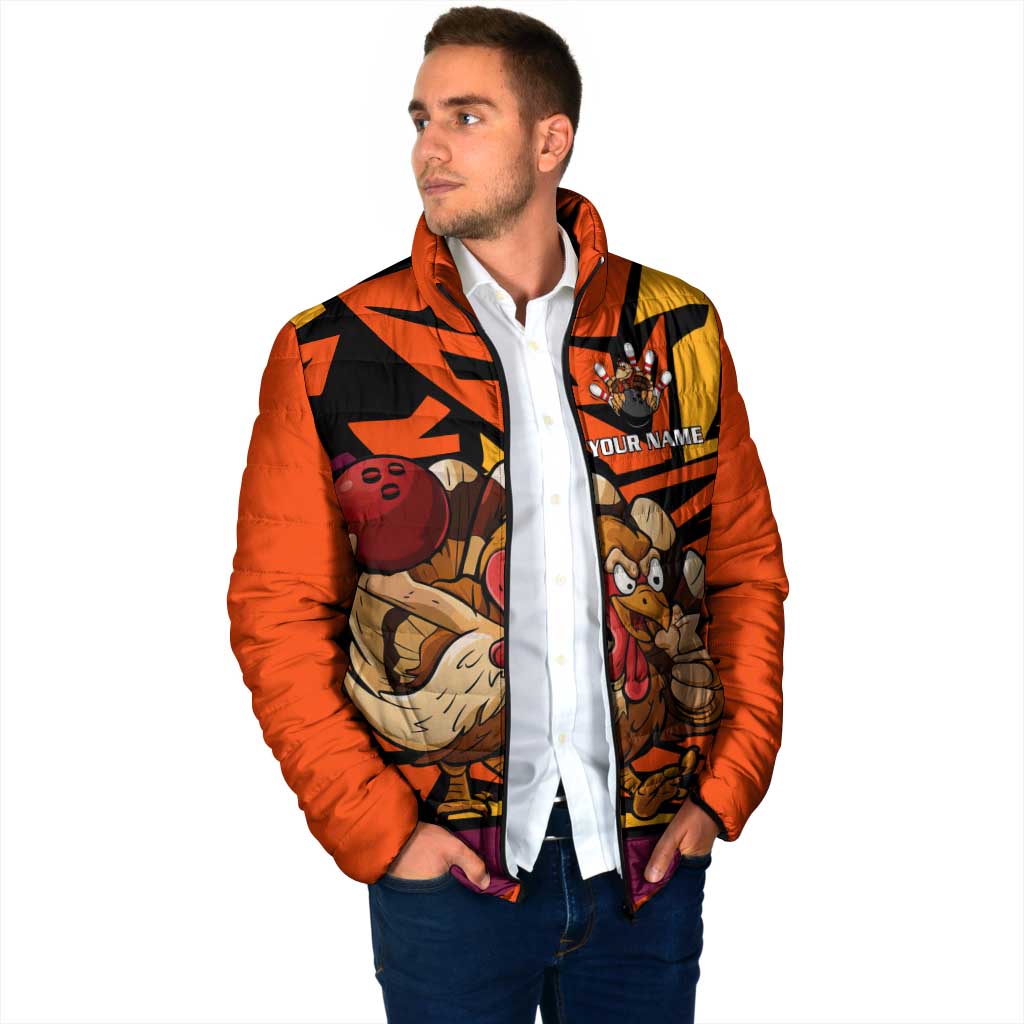 Custom Turkey Bowling Padded Jacket with Cartoon Turkey Striker and Orange Geometric Pattern - Wonder Print Shop