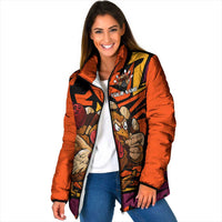 Custom Turkey Bowling Padded Jacket with Cartoon Turkey Striker and Orange Geometric Pattern - Wonder Print Shop