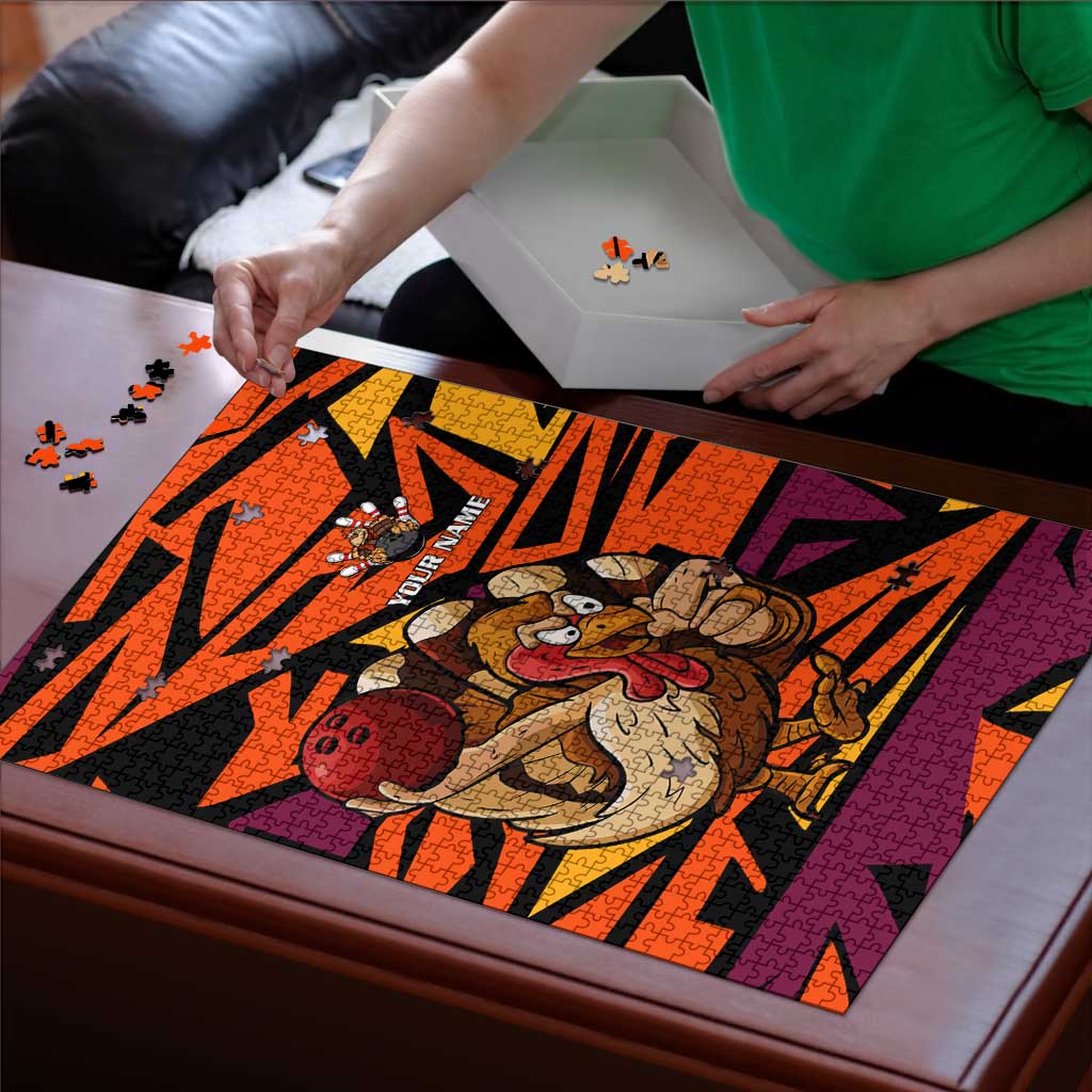 Custom Turkey Bowling Puzzle with Cartoon Turkey Striker and Orange Geometric Pattern - Wonder Print Shop