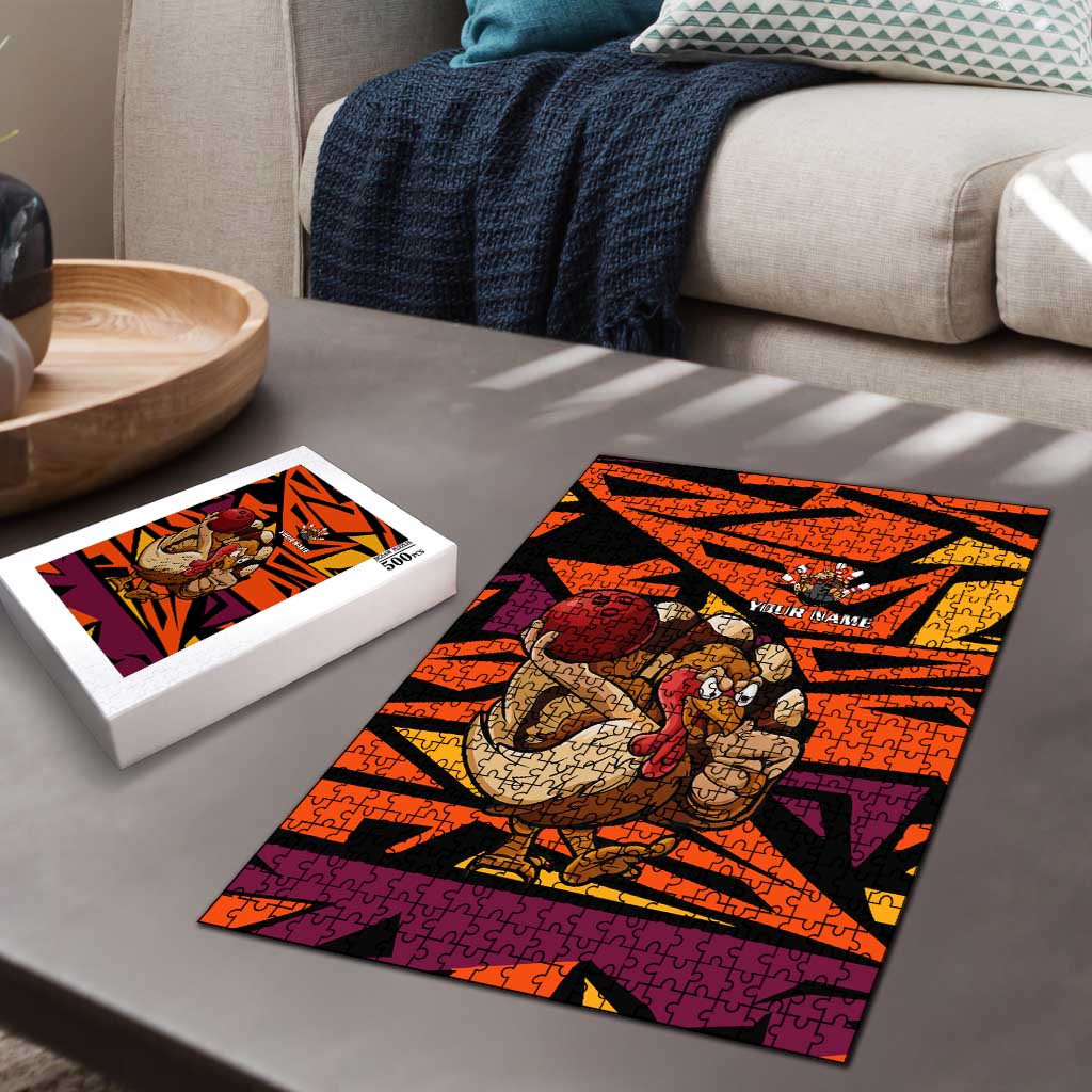 Custom Turkey Bowling Puzzle with Cartoon Turkey Striker and Orange Geometric Pattern - Wonder Print Shop
