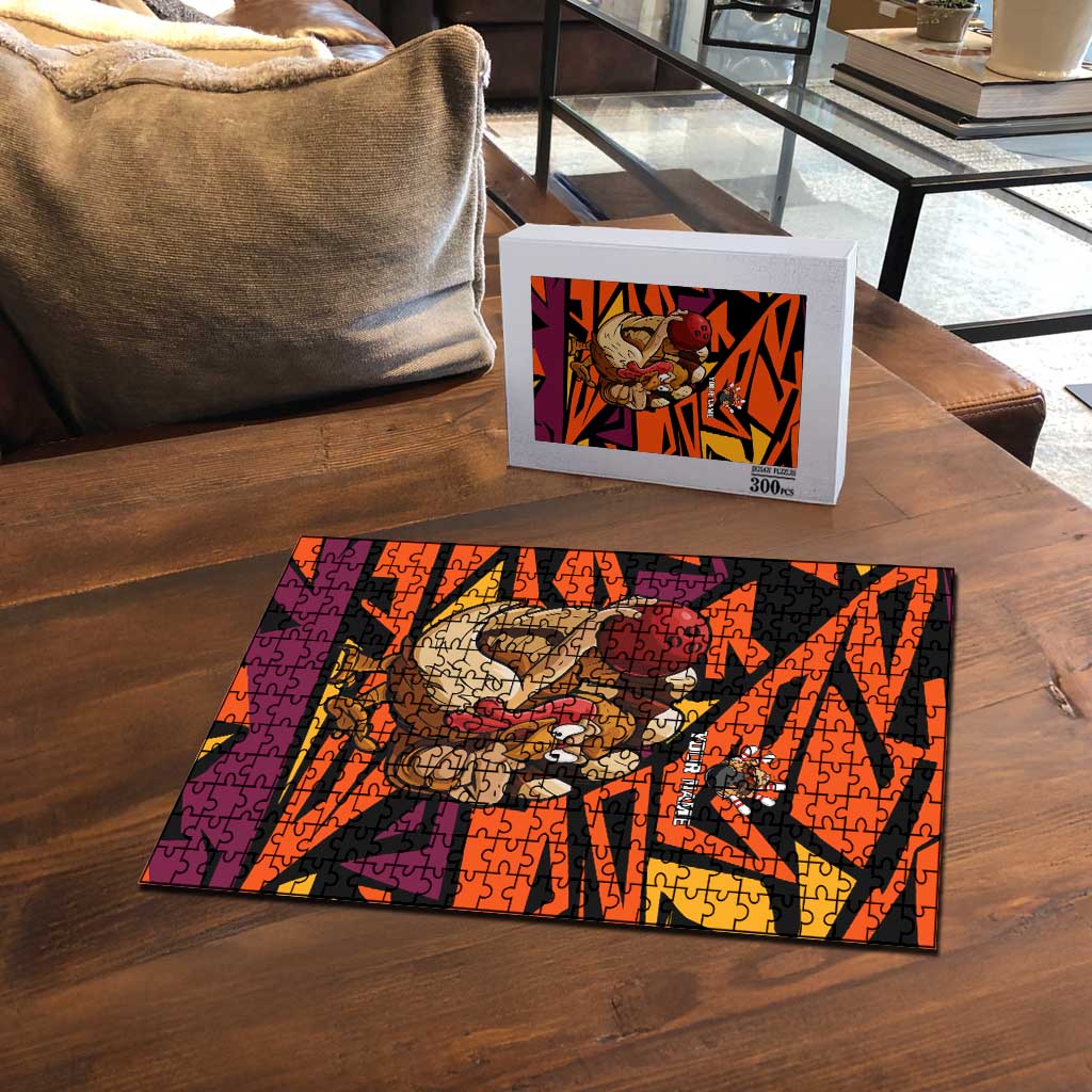 Custom Turkey Bowling Puzzle with Cartoon Turkey Striker and Orange Geometric Pattern - Wonder Print Shop