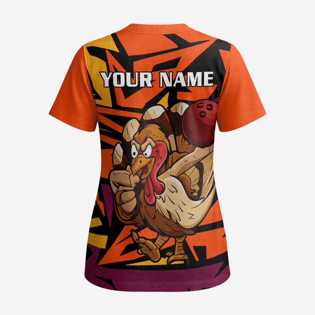 Custom Turkey Bowling Scrub Top with Cartoon Turkey Striker and Orange Geometric Pattern - Wonder Print Shop