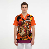 Custom Turkey Bowling Scrub Top with Cartoon Turkey Striker and Orange Geometric Pattern - Wonder Print Shop