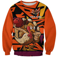 Custom Turkey Bowling Sweatshirt with Cartoon Turkey Striker and Orange Geometric Pattern - Wonder Print Shop