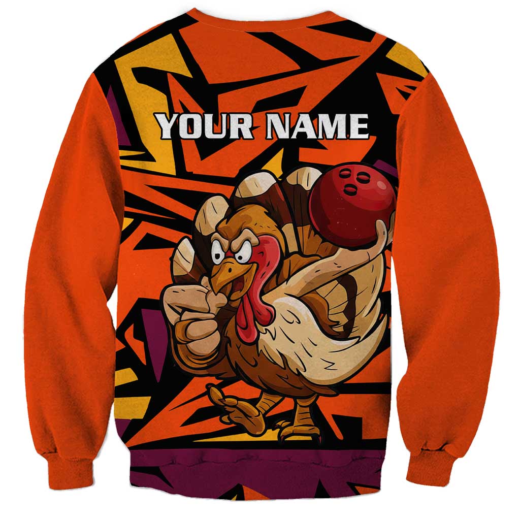 Custom Turkey Bowling Sweatshirt with Cartoon Turkey Striker and Orange Geometric Pattern - Wonder Print Shop