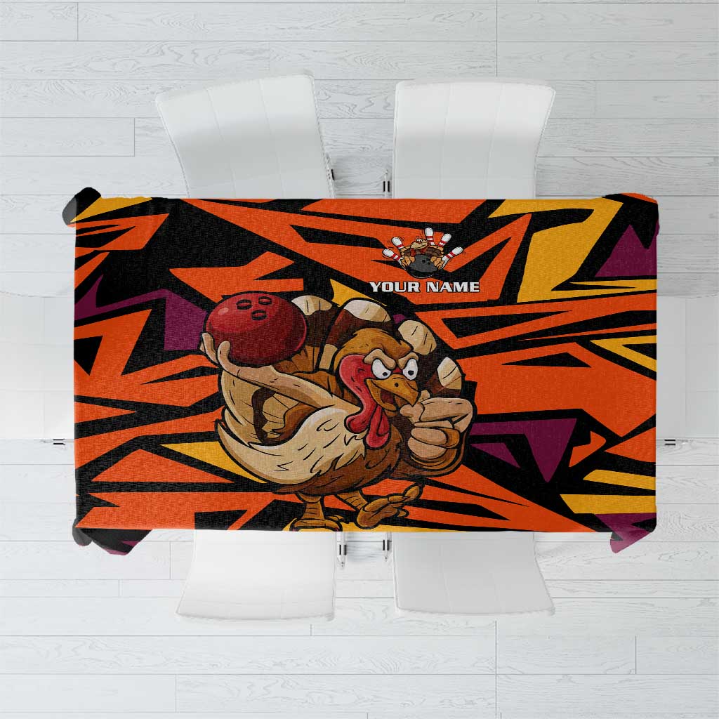 Custom Turkey Bowling Tablecloth with Cartoon Turkey Striker and Orange Geometric Pattern - Wonder Print Shop