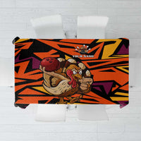 Custom Turkey Bowling Tablecloth with Cartoon Turkey Striker and Orange Geometric Pattern - Wonder Print Shop