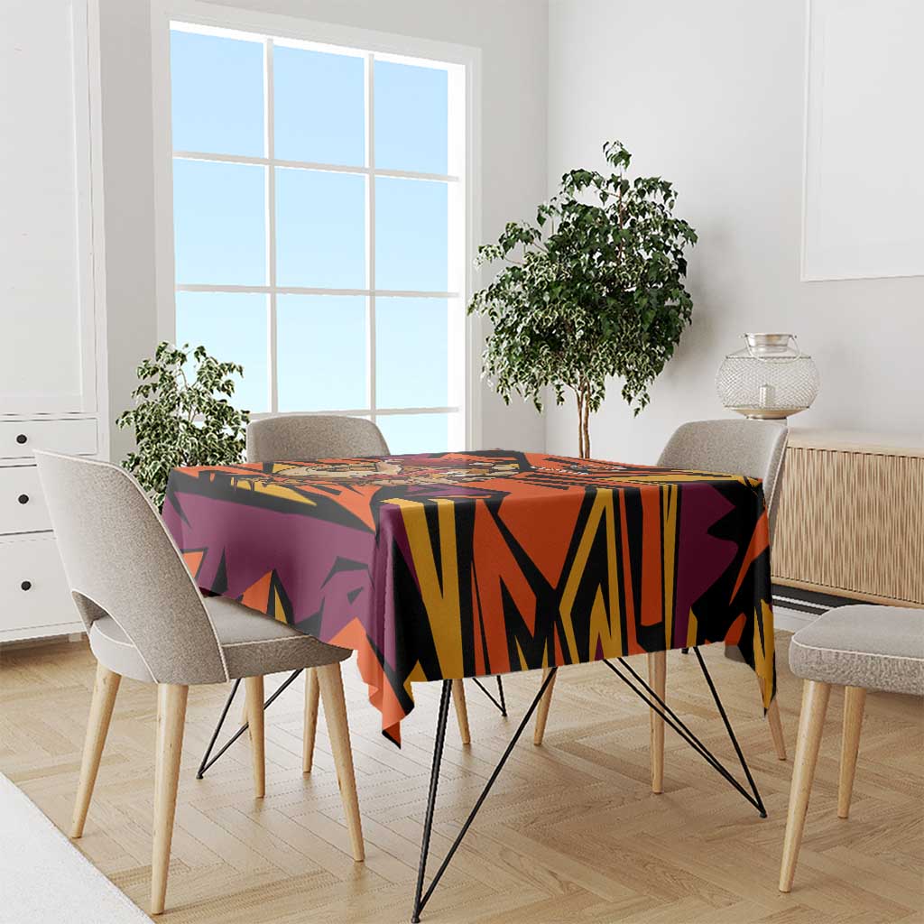 Custom Turkey Bowling Tablecloth with Cartoon Turkey Striker and Orange Geometric Pattern - Wonder Print Shop