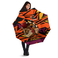 Custom Turkey Bowling Umbrella with Cartoon Turkey Striker and Orange Geometric Pattern - Wonder Print Shop