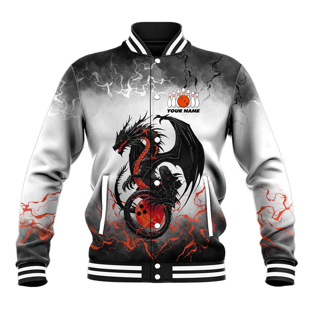 Custom Black Dragon Bowling Baseball Jacket with Fiery Ball and Thunderstorm Lightning Pattern - Wonder Print Shop