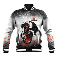 Custom Black Dragon Bowling Baseball Jacket with Fiery Ball and Thunderstorm Lightning Pattern - Wonder Print Shop