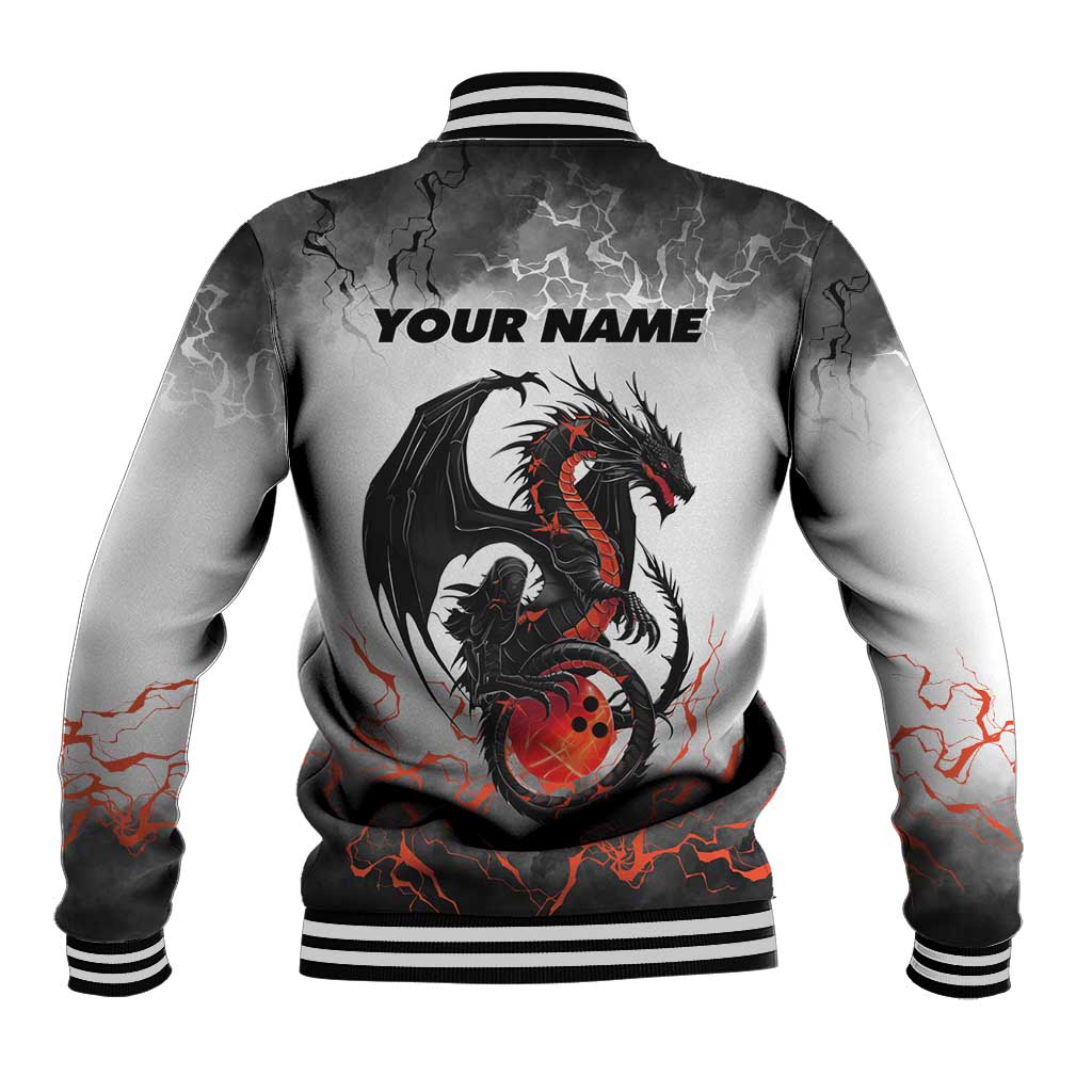 Custom Black Dragon Bowling Baseball Jacket with Fiery Ball and Thunderstorm Lightning Pattern - Wonder Print Shop