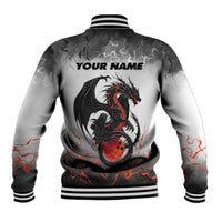 Custom Black Dragon Bowling Baseball Jacket with Fiery Ball and Thunderstorm Lightning Pattern - Wonder Print Shop