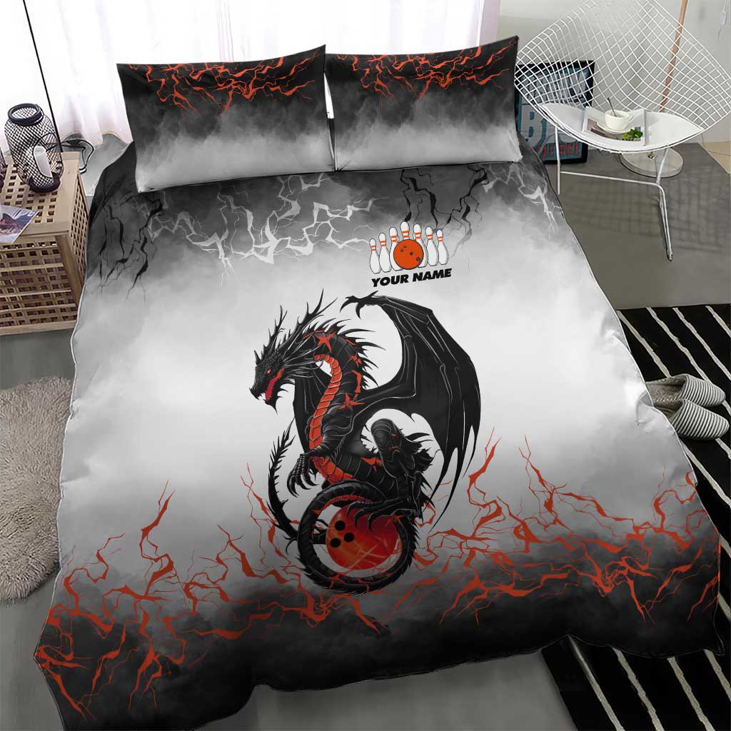 Custom Black Dragon Bowling Bedding Set with Fiery Ball and Thunderstorm Lightning Pattern - Wonder Print Shop