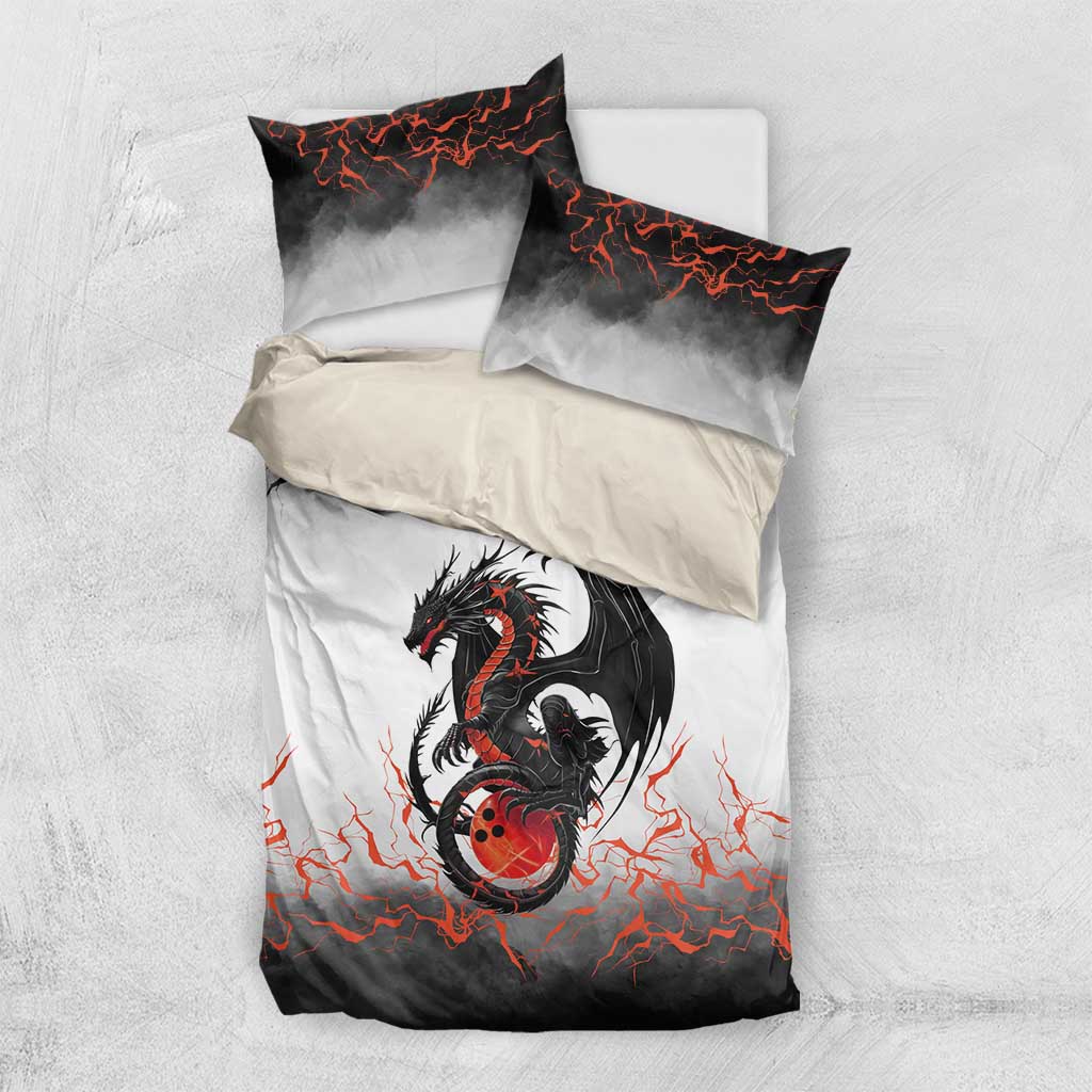 Custom Black Dragon Bowling Bedding Set with Fiery Ball and Thunderstorm Lightning Pattern - Wonder Print Shop