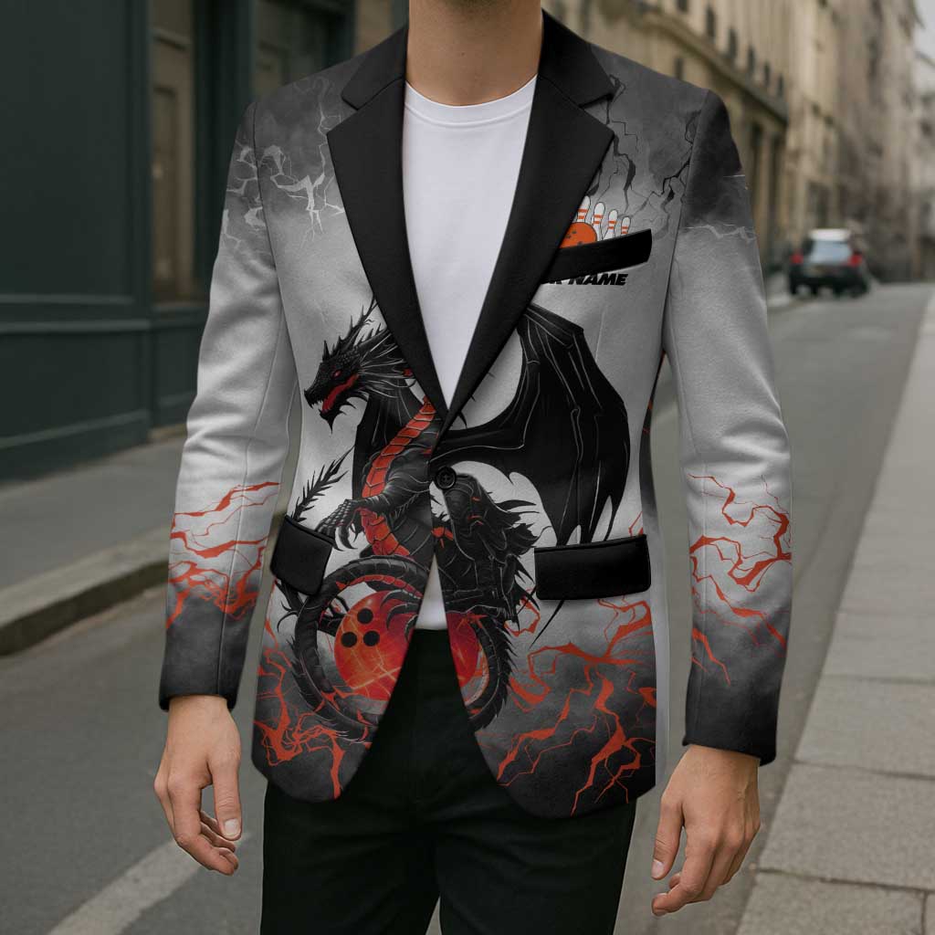 Custom Black Dragon Bowling Blazer with Fiery Ball and Thunderstorm Lightning Pattern - Wonder Print Shop