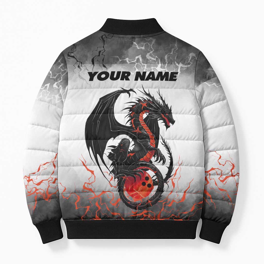 Custom Black Dragon Bowling Bomber Puffer Jacket with Fiery Ball and Thunderstorm Lightning Pattern - Wonder Print Shop