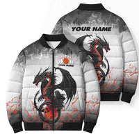 Custom Black Dragon Bowling Bomber Puffer Jacket with Fiery Ball and Thunderstorm Lightning Pattern - Wonder Print Shop