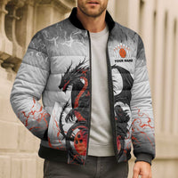 Custom Black Dragon Bowling Bomber Puffer Jacket with Fiery Ball and Thunderstorm Lightning Pattern - Wonder Print Shop
