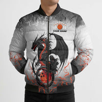 Custom Black Dragon Bowling Bomber Puffer Jacket with Fiery Ball and Thunderstorm Lightning Pattern - Wonder Print Shop