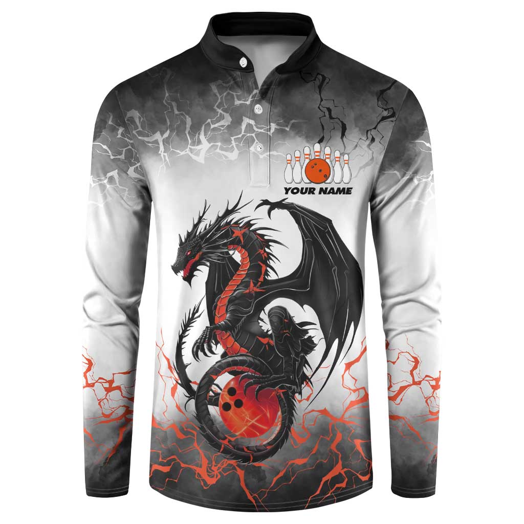 Custom Black Dragon Bowling Button Sweatshirt with Fiery Ball and Thunderstorm Lightning Pattern - Wonder Print Shop