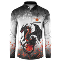 Custom Black Dragon Bowling Button Sweatshirt with Fiery Ball and Thunderstorm Lightning Pattern - Wonder Print Shop