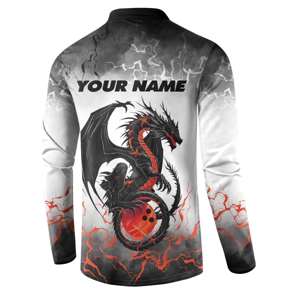Custom Black Dragon Bowling Button Sweatshirt with Fiery Ball and Thunderstorm Lightning Pattern - Wonder Print Shop