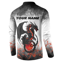 Custom Black Dragon Bowling Button Sweatshirt with Fiery Ball and Thunderstorm Lightning Pattern - Wonder Print Shop