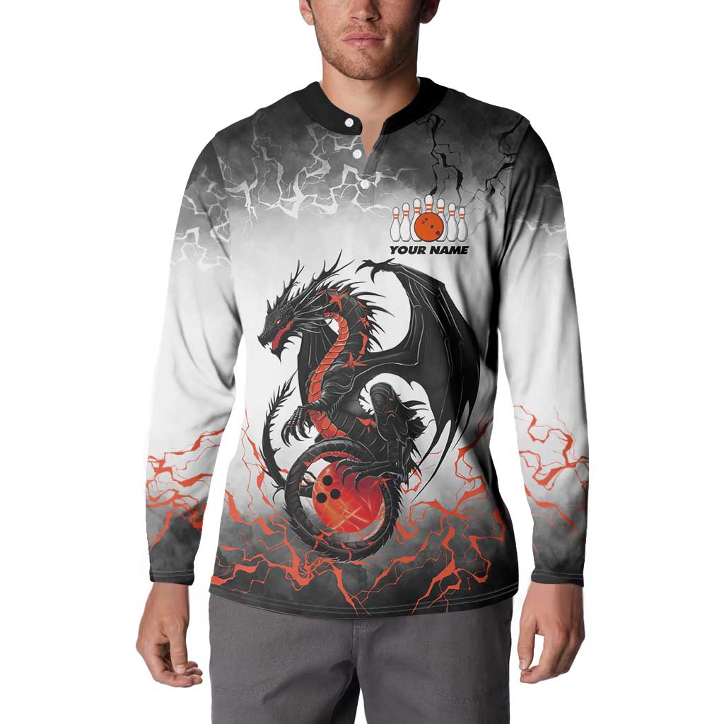 Custom Black Dragon Bowling Button Sweatshirt with Fiery Ball and Thunderstorm Lightning Pattern - Wonder Print Shop
