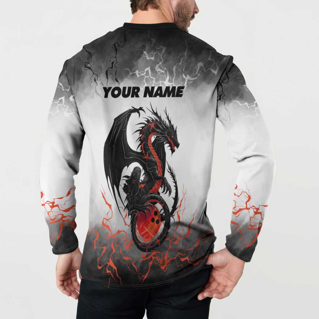 Custom Black Dragon Bowling Button Sweatshirt with Fiery Ball and Thunderstorm Lightning Pattern - Wonder Print Shop