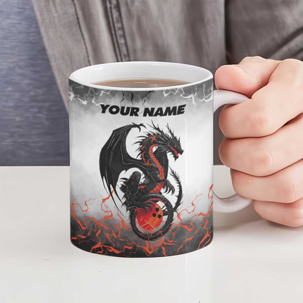 Custom Black Dragon Bowling Ceramic Mug with Fiery Ball and Thunderstorm Lightning Pattern - Wonder Print Shop