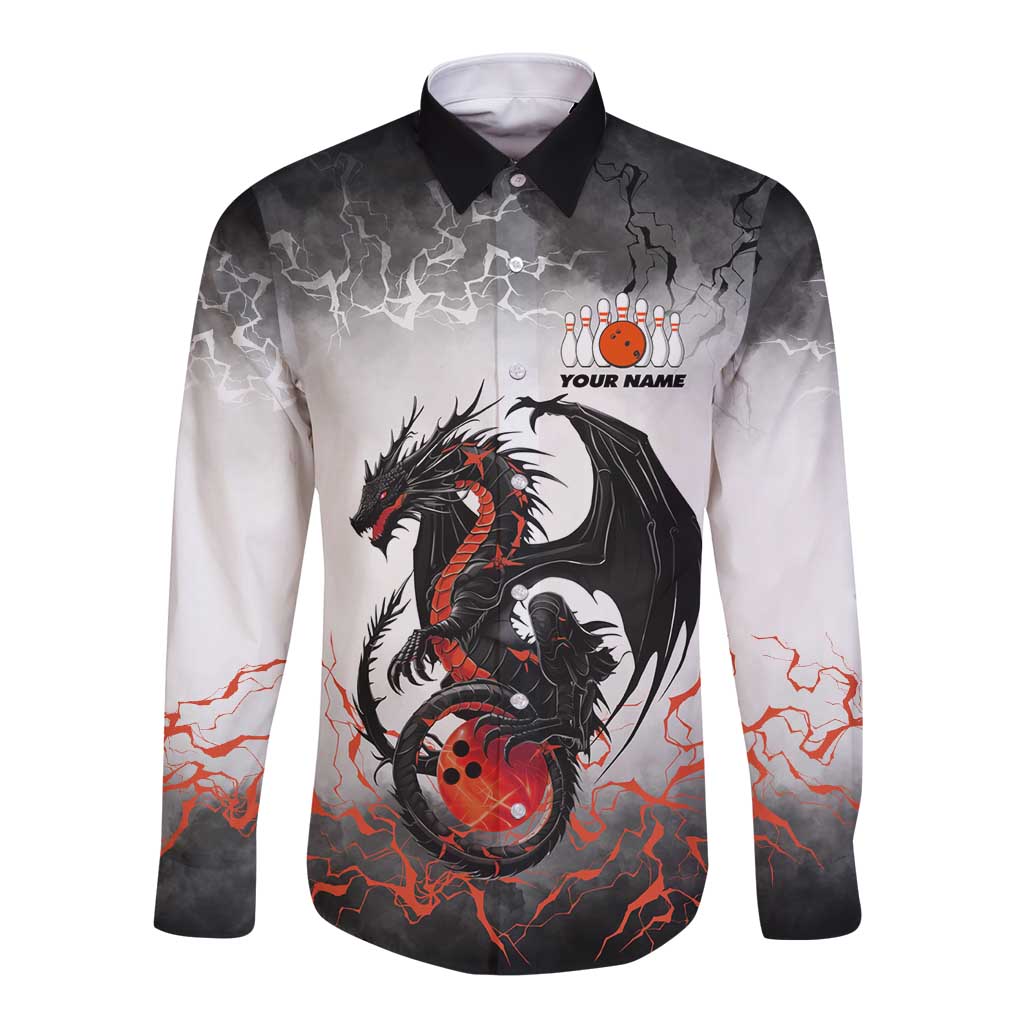 Custom Black Dragon Bowling Long Sleeve Button Shirt with Fiery Ball and Thunderstorm Lightning Pattern - Wonder Print Shop