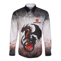 Custom Black Dragon Bowling Long Sleeve Button Shirt with Fiery Ball and Thunderstorm Lightning Pattern - Wonder Print Shop