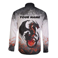 Custom Black Dragon Bowling Long Sleeve Button Shirt with Fiery Ball and Thunderstorm Lightning Pattern - Wonder Print Shop