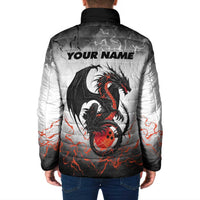 Custom Black Dragon Bowling Padded Jacket with Fiery Ball and Thunderstorm Lightning Pattern - Wonder Print Shop