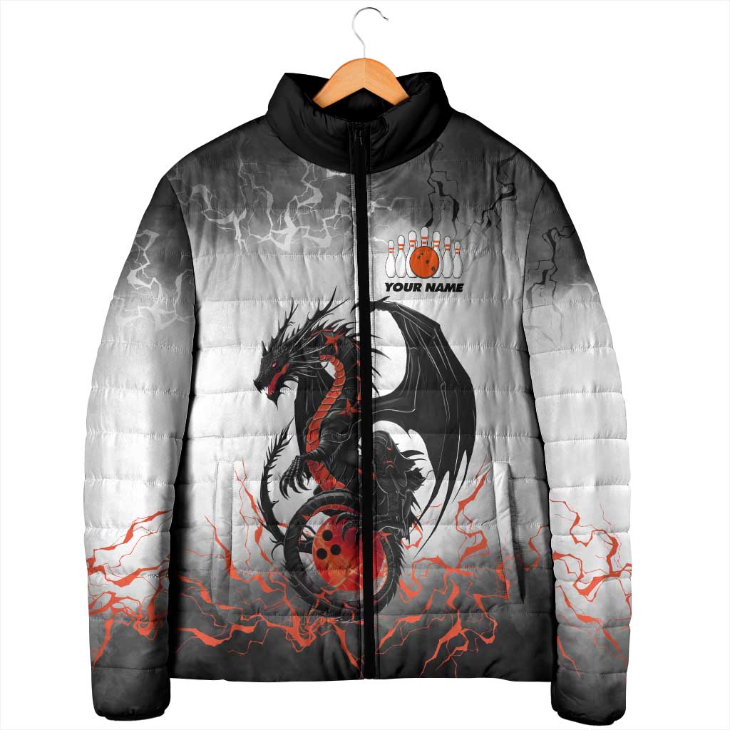 Custom Black Dragon Bowling Padded Jacket with Fiery Ball and Thunderstorm Lightning Pattern - Wonder Print Shop