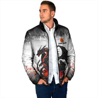 Custom Black Dragon Bowling Padded Jacket with Fiery Ball and Thunderstorm Lightning Pattern - Wonder Print Shop