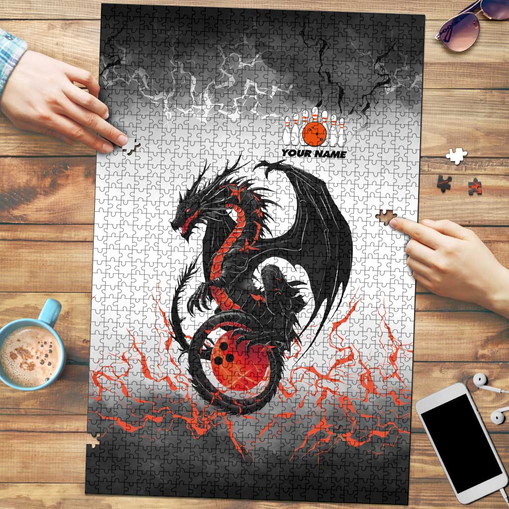 Custom Black Dragon Bowling Puzzle with Fiery Ball and Thunderstorm Lightning Pattern - Wonder Print Shop