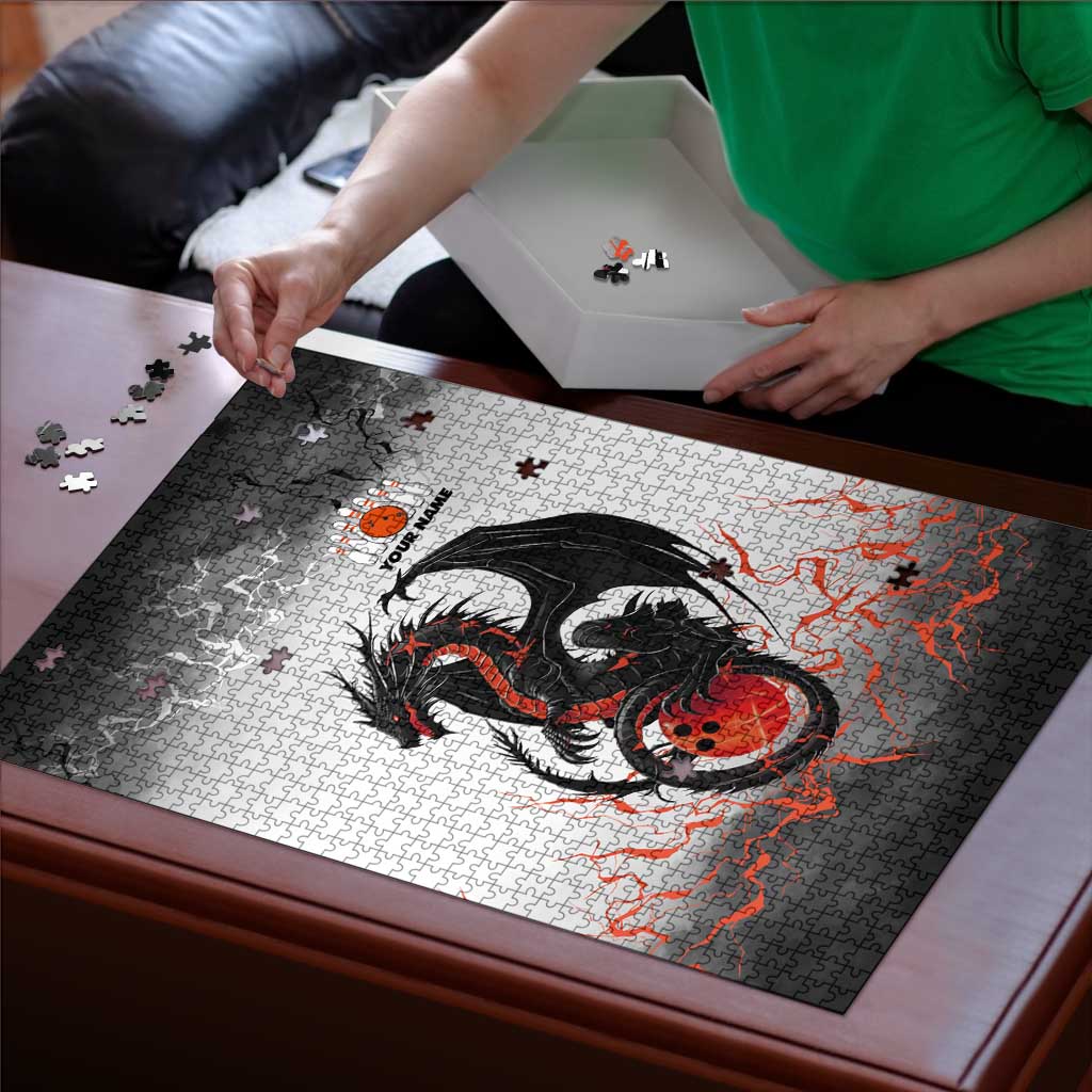 Custom Black Dragon Bowling Puzzle with Fiery Ball and Thunderstorm Lightning Pattern - Wonder Print Shop