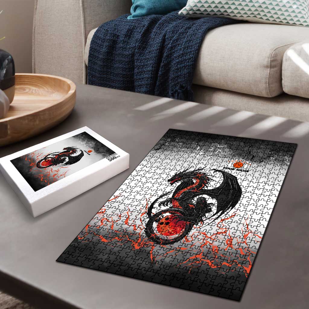 Custom Black Dragon Bowling Puzzle with Fiery Ball and Thunderstorm Lightning Pattern - Wonder Print Shop