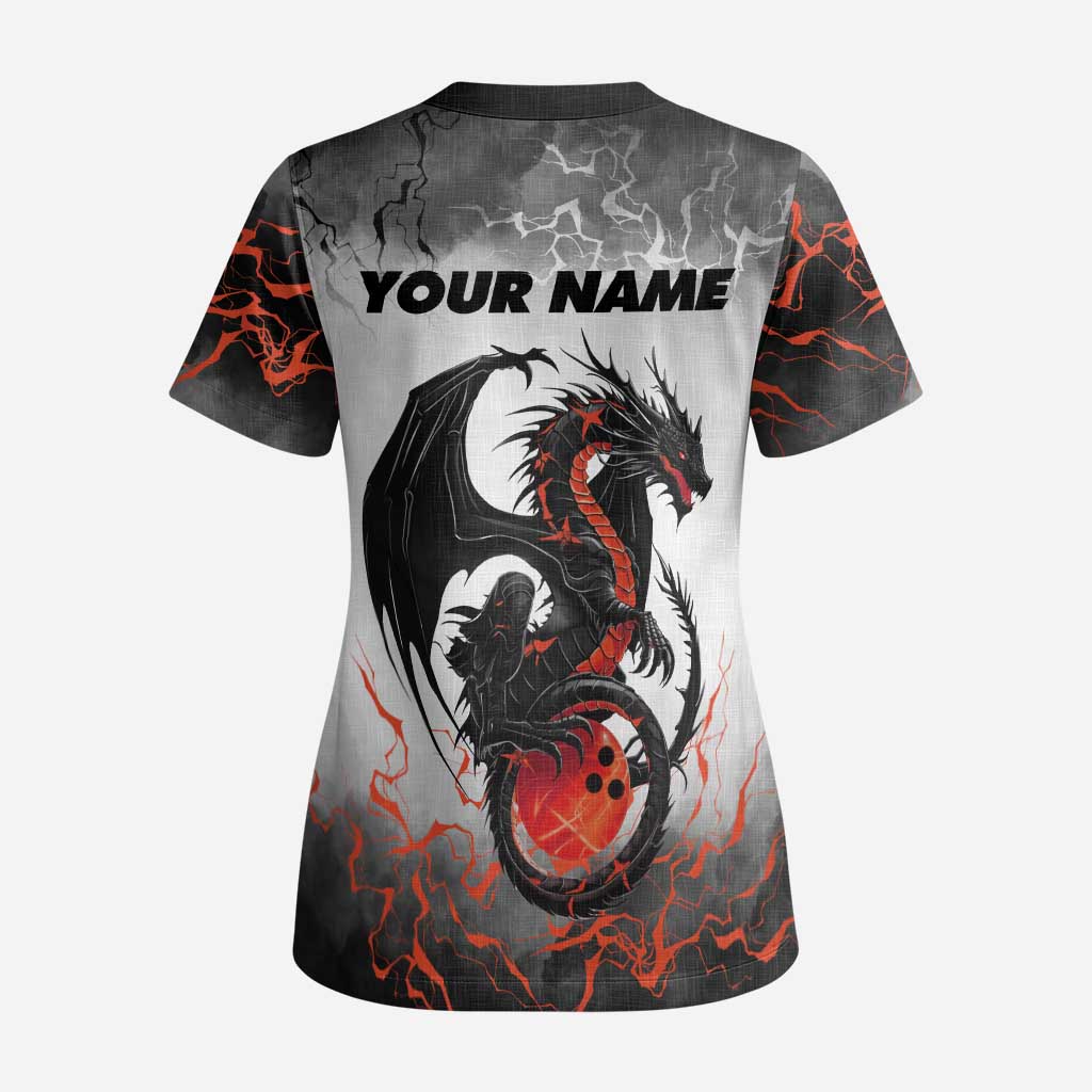 Custom Black Dragon Bowling Scrub Top with Fiery Ball and Thunderstorm Lightning Pattern - Wonder Print Shop