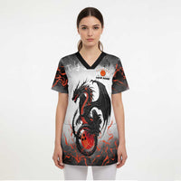 Custom Black Dragon Bowling Scrub Top with Fiery Ball and Thunderstorm Lightning Pattern - Wonder Print Shop