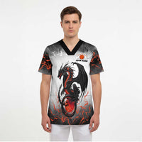 Custom Black Dragon Bowling Scrub Top with Fiery Ball and Thunderstorm Lightning Pattern - Wonder Print Shop